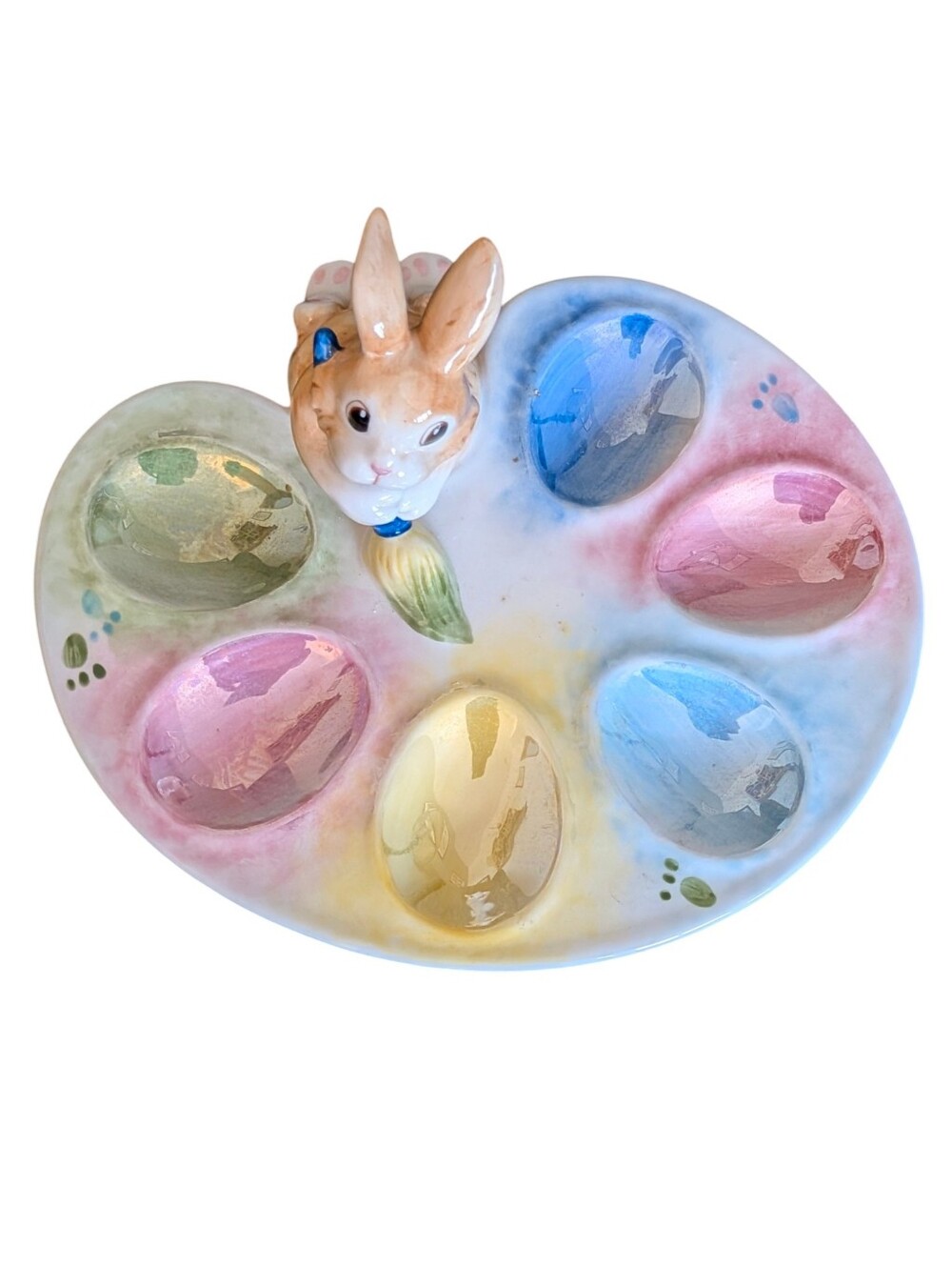 Fitz and Floyd Ceramic Egg Platter with Sculpted Bunny Pastel Easter Spring